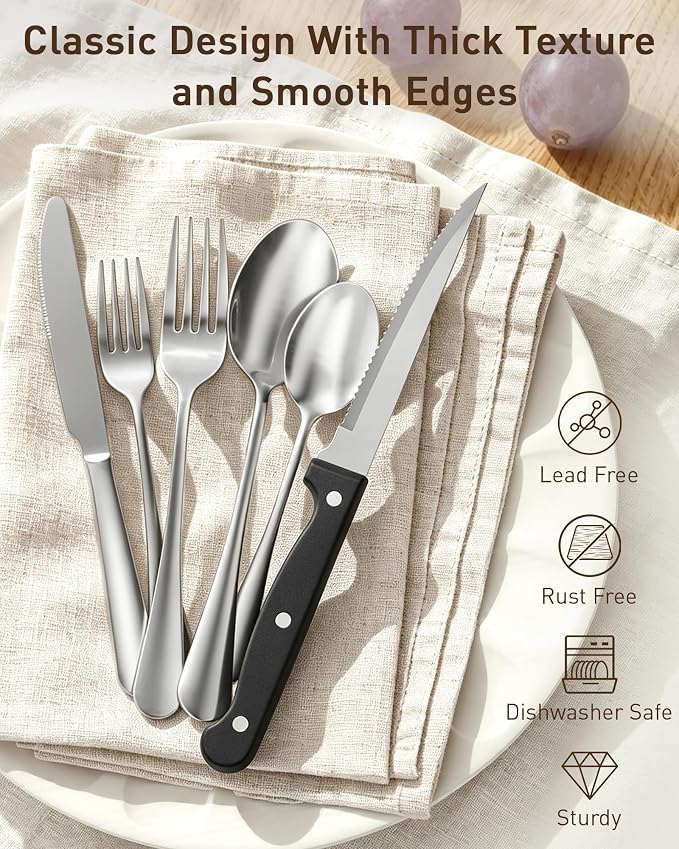Quatish 30 Piece Silverware Set with Steak Knives, Cutlery Utensil Sets for 5, Food-Grade Stainless Steel Flatware Sets, Kitchen Utensils Set for Home Restaurant Hotel, Mirror Finished, Silver