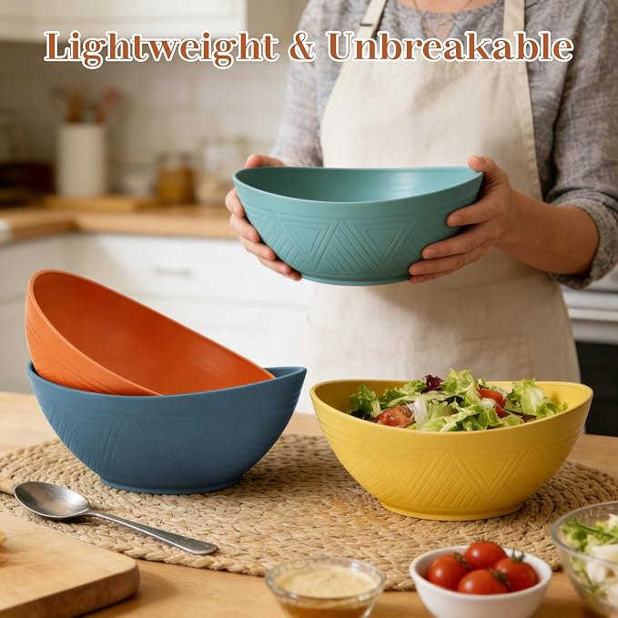 65 OZ Wheat Straw Bowls Set of 4, Large Unbreakable Salad Bowls, Microwave & Dishwasher Safe Big Serving Bowl, Plastic Kitchen Bowl for Popcorn, Cereal, Soup and Ramen (Multicolor)