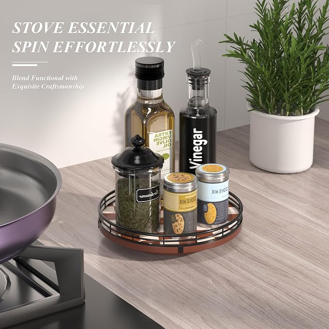 AMH 9-Inch Brown Checkerboard Lazy Susan Organizer with Black Metal Rail | Smooth rotating oak tray with walnut finish for dining tables, kitchen counters, pantries and cabinet storage.