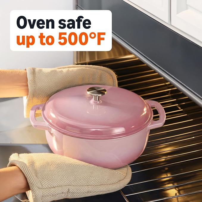 Amazon Basics Enameled Cast Iron Dutch Oven Pot with Lid, Round, Dual Handles, Heavy-Duty, Oven Safe for Stews, Roasting, Baking, 6-Quart, Light Pink