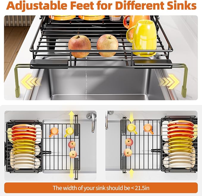 Urackify Expandable Sink Dish Drying Rack for Kitchen Counter, 2-Tier Black | Large Dish Racks, Sink Dish Drainer, Rustproof Dish Strainer with Utensil Holder, 12.3"-20.5" L x 15"W
