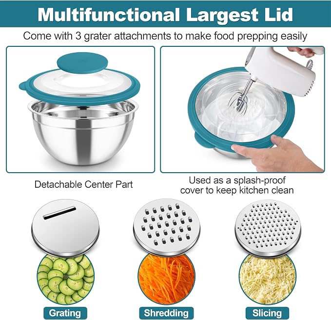 TeamFar Mixing Bowls, Stainless Steel Salad Serving Bowl with Clear Lids | with 3 Graters, For Kitchen Cooking Prepping Storing, Size 4.6/2.6/1.5/1/0.7 QT, Nesting & Airtight, Set of 5 & Blue