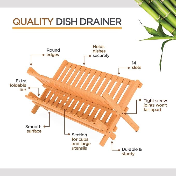 Bambüsi Collapsible Dish Drying Rack, Foldable Kitchen Counter Dish Drainer | Dish Rack Folds Flat, Space-Saving Bamboo Strainer, No Assembly, Holds Plates Cups Bowls Mugs Utensils, for Home, RV, Dorm