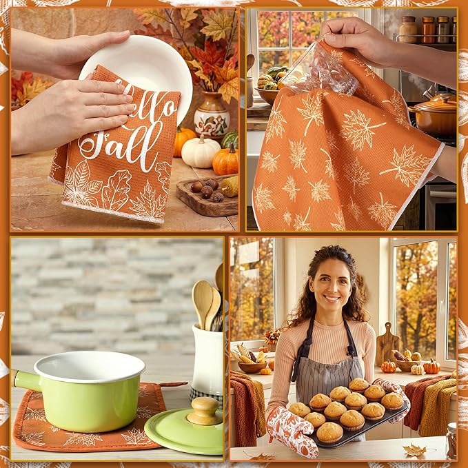 Fourluoo 10 Pcs Kitchen Dish Towels Rugs Oven Mitts and Pot Holders Set Farmhouse Kitchen Decor Set for Women Mom Daughter Gift Cooking Baking Grilling(Orange and White,Fall Leaf)