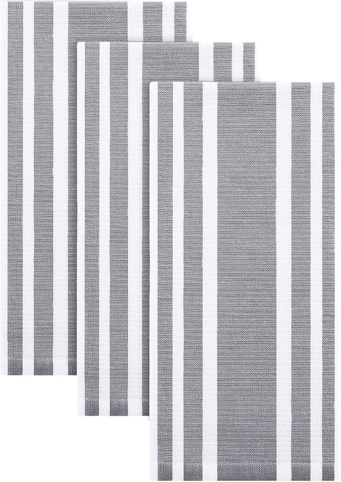 Homaxy Premium Cotton Stripe Kitchen Towels 3 Pack, 18"x 28", Grey | Large 380 GSM Kitchen Hand Towels, Soft Terry Dish Towels, Highly Absorbent Tea Towel Set with Hanging Loop