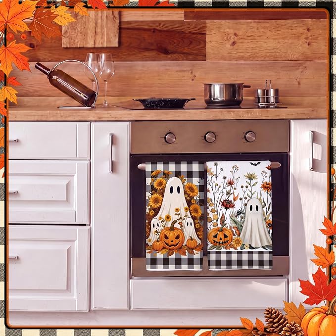 4 Pcs Fall Kitchen Towels, Ghost Pumpkin Hand Dish Clothes Gifts | Absorbent Fast Drying Decorative Towels, Buffalo Plaid Farmhouse Halloween Kitchen Decor, Housewarming Gifts