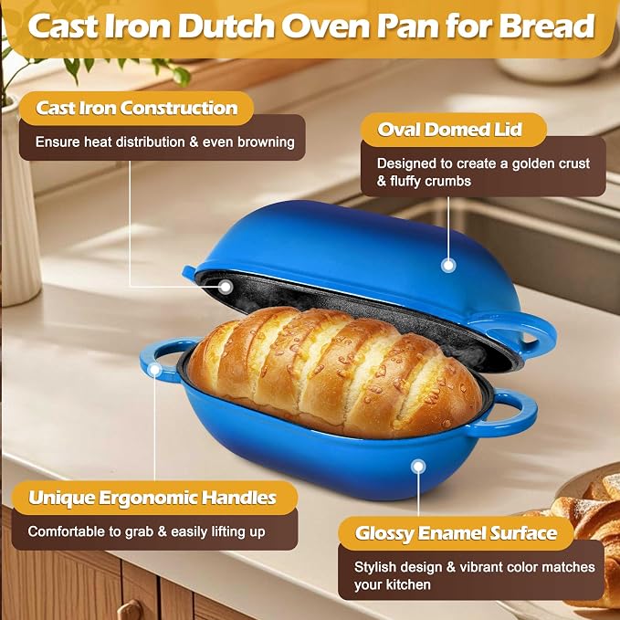 Homikit Enameled Cast Iron Dutch Oven for Bread Baking, 2.8 QT Oval Bread Oven Pot with Lid, 9.5 x 5.7 Inch Sourdough Loaf Baking Pan for Homemade Bread, Heavy Duty & Oven Safe, Blue