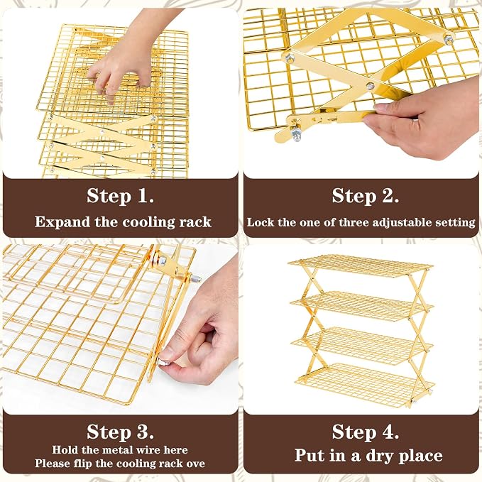 Pleafind 4 Tier Gold Collapsible Cooling Rack - 3 Setting Design, Adjustable ＆ Stackable Baking Rack, 5 Modes Cooling Racks for Cooking and Baking, Roasting ＆ Grilling Gifts for Picnic Party