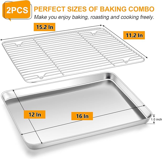Homikit 16x12 Inches Baking Sheet with Wire Rack Set (2 Pans+2 Racks) | Stainless Steel Cookie Sheets for Baking, Metal Baking Tray Jelly Roll Pan with Cooling Racks, Oven & Dishwasher Safe