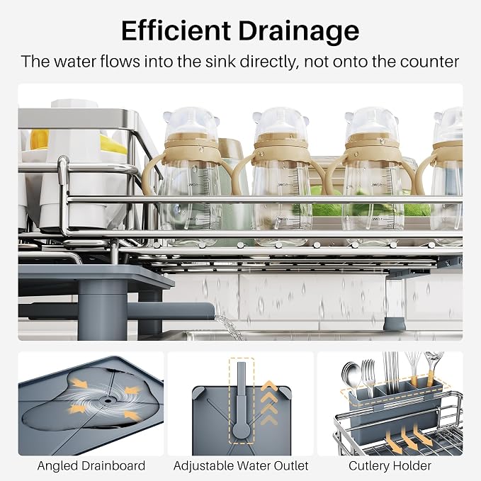 Expandable Dish Drying Rack for Kitchen Counter, Stainless Steel, Silver | Foldable Over Sink, Large Capacity, Adjust to Fit Most Sinks, Angled Drainboard, Removable Utensil Holder, Slip Resistant