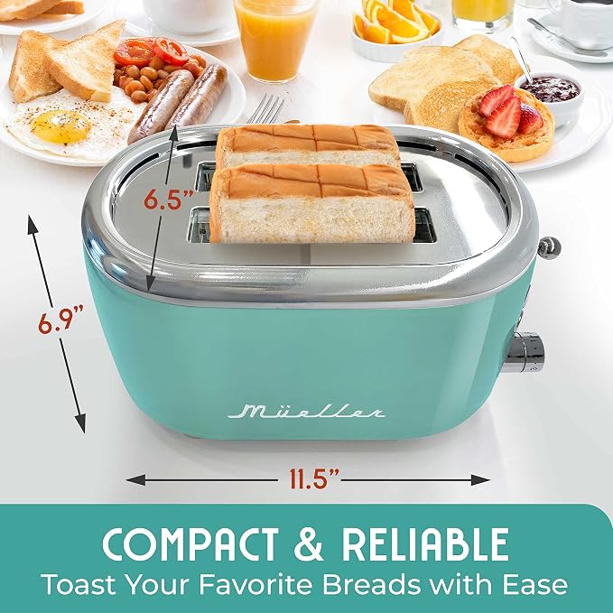 MUELLER HOME Retro Toaster 2 Slice, 7 Browning Levels | 3 Functions (Reheat, Defrost, Cancel), Stainless Steel Features, Removable Crumb Tray, Under Base Cord Storage, Turquoise