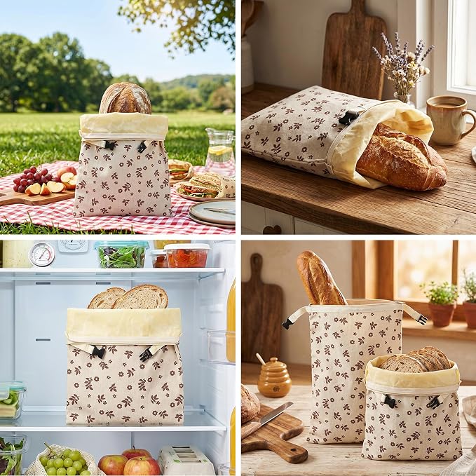 2 Pack Beeswax Bread Bags for Sourdough, Reusable Sourdough Bread Bags with Zipper, Natural Bees Wax Linen Cotton Bread Storage Bags to Keep Fresh, 13''×17''