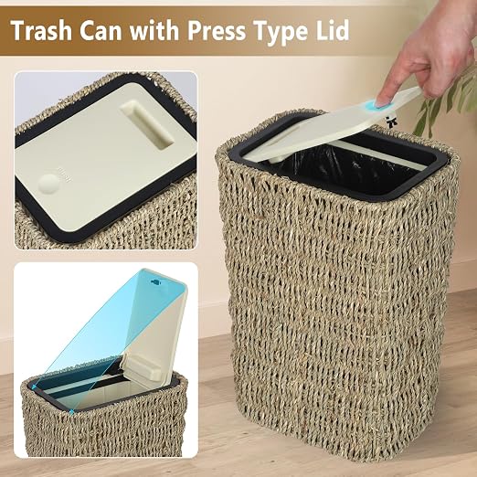 Trongee Boho Trash Can with Lid,3 Gallon Small Rattan Trash Can with Press Top Lid,Slim Wicker Waste Basket and Hamper 2 in 1 for Bathroom,Seagrass Woven Garbage Can Trash Basket for Bathroom,Kitchen