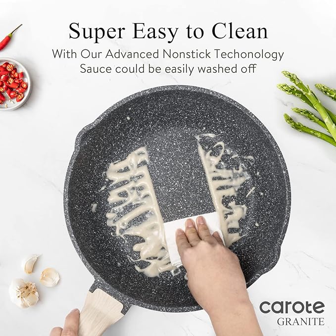CAROTE 12 Inch Nonstick Deep Frying Pan with Lid, 5.5 Qt | Kitchen Non-Toxic PFOA Free Cookware, Covered Skillet All Stovetops Compatible , Black Granite