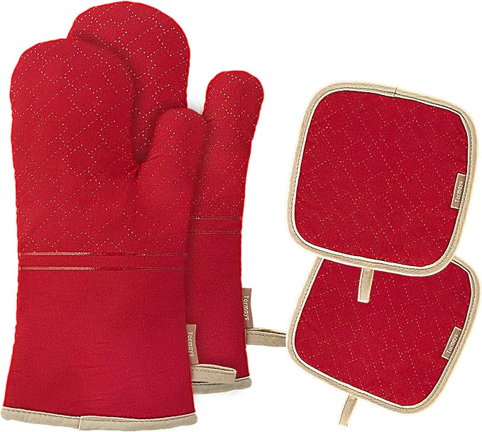 4Pcs Oven Mitts and Pot Holders Set, 572F Heat Resistant Oven Glove, Soft Cotton Lining with Non-Slip Surface for Kitchen Baking BBQ (Red)