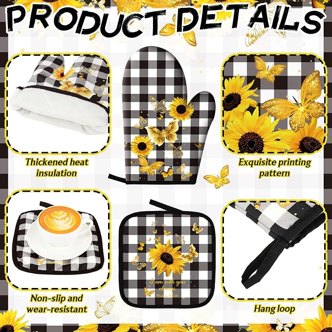 Fourluoo 10 Pcs Sunflower Kitchen Decor and Accessories Black and White Buffalo Plaid Kitchen Towels Rugs Oven Mitts and Pot Holders Set Sunflower Decorations Set for Cooking Baking Grilling Mom Gift