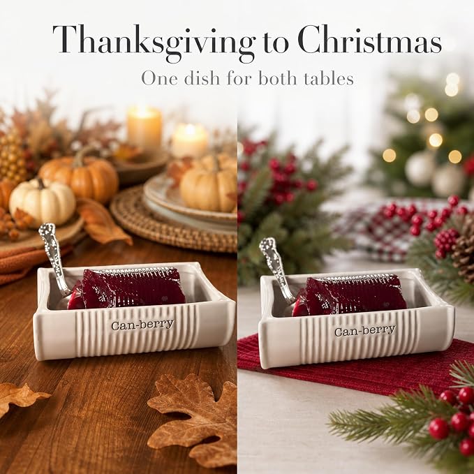 Mud Pie Can-Berry Ceramic Cranberry Serving Dish, Includes Spatula | Holds 1 Can Cranberries, Holiday, Thanksgiving, and Christmas Novelty Serveware, White, Cranberry Dish Server