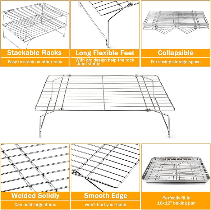 TeamFar Cooling Rack, 4-Tier Stainless Steel Wire Rack | for Baking Roasting, Healthy & Heavy Duty, Dishwasher Safe, Stackable & Collapsible, Firmly Weld & Smooth Surface, 15"x10"
