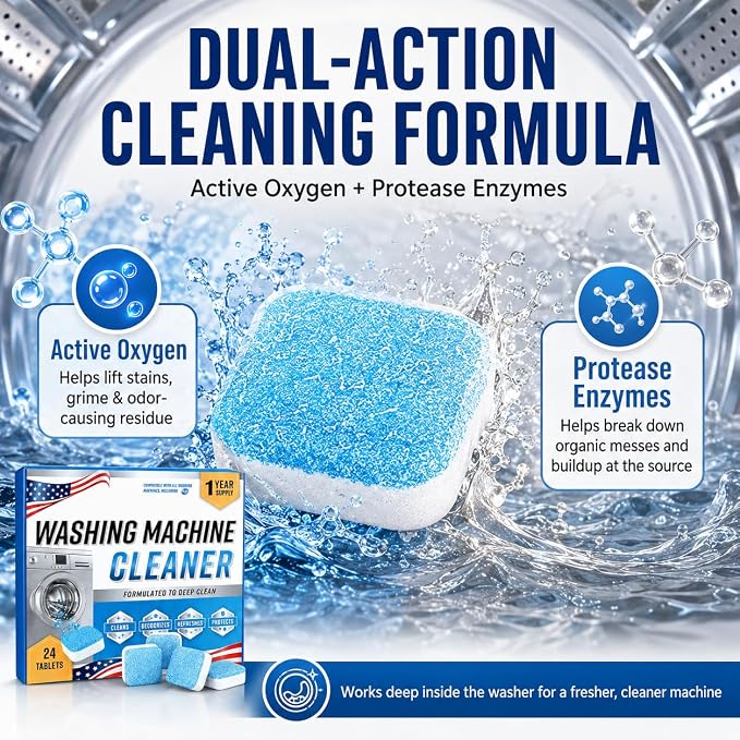Washing Machine Cleaner Tablets, 24 Pack Enzyme Washer Cleaner | 5X-Power Enzyme Wahser Cleaner Fight Odor Refreshing Laundry, Deep Clean Residue, Grime Compatible with HE, Top & Front Load