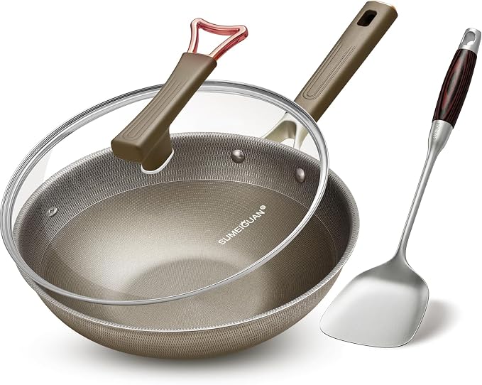 13" Titanium Wok Pan with Lid,Non-stick Flat Bottom Titanium | PFAS & PFOA free,Non-toxic, Fits induction & gas stoves,Traditional Chinese Pan for Stir Fry