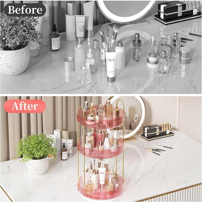 Rotating Makeup Organizer Countertop, Skincare Organizers | Spinning Perfume Tray Stand, Makeup Storage Organizer for Vanity, Bathroom Organizer and Storage, Lazy Susan, 3 Tier, Pink