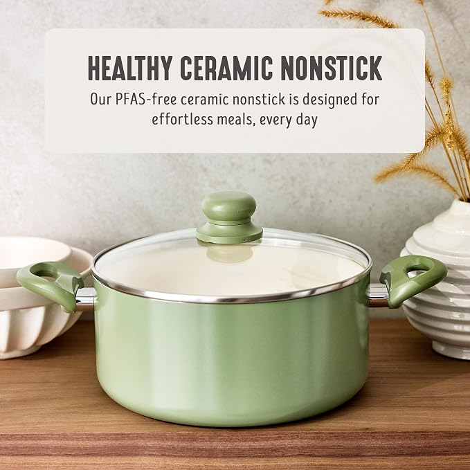 GreenLife 5QT Ceramic Nonstick Stockpot with Lid, Sage Green | PFAS-Free Nonstick Coating, Casserole Pot, Soup Pot, Pasta Pot, Induction Ready, All Stovetop Compatible, Dishwasher Safe