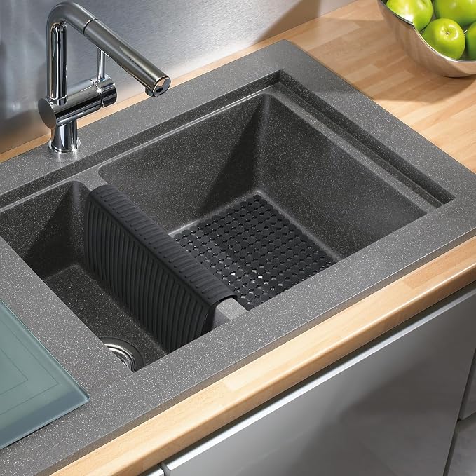 Bligli Silicone Sink Saddle, Large and Durable Sink Divider Mat with No Suction Cups, Kitchen Divided Sink Protector Mat for Glassware Dishes, Easy to Clean and No Smell, 11.8" x 12.4" (Black)