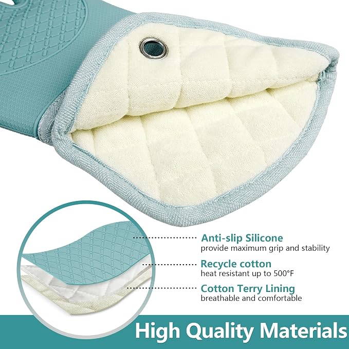 Professional Microwave Silicone Oven Mitts one Pair, Kitchen Mitten Set | Heat Resistant with 500 Degrees Oven Gloves Pot Holder for BBQ Cooking Baking (Light Blue)