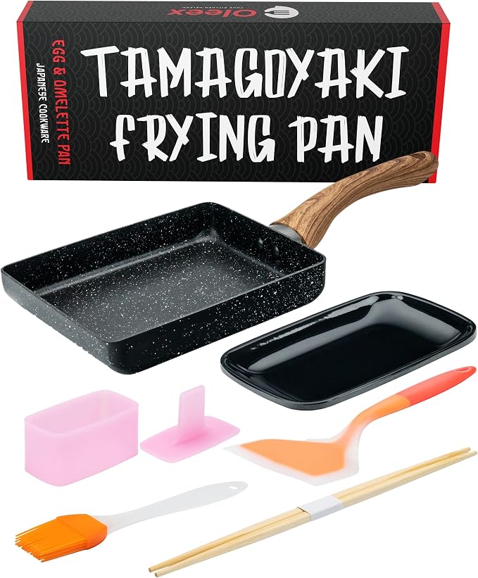 Oleex Tamagoyaki Pan Set – Japanese Omelette Pan with Kitchen Cooking Tools Like Musubi Mold, Spatula & Other Omelet Accessories – Multifunctional PFOA-Free Nonstick Square Frying Pan – 5x7 Inches
