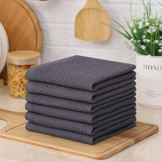 Kitinjoy 100% Cotton Waffle 6-Pack Kitchen Towels, 12" x 12", Dark Grey | Ultra Absorbent, Super Soft, lightweight, Quick Drying Dish Rags for Washing Dishes