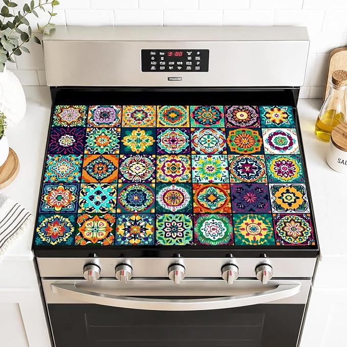 Bohemian Stove Top Cover 28x20 Inch Colorful Pattern Glass Cooktop Cover | Heat Resistant Cooktop Protector Mat with Non-Slip Backing, Scratch Protection and Countertop Drying Mat.
