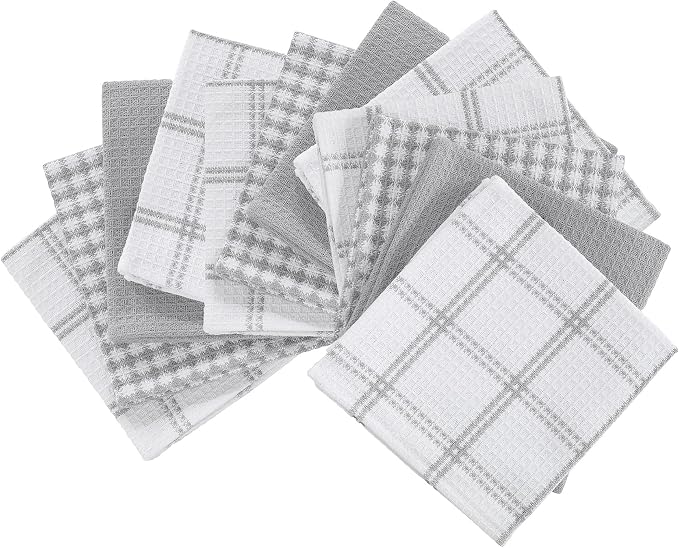 T-Fal Premium Waffle Dish Cloths: Highly Absorbent, Super Soft Long Lasting - 100% Cotton, 12"x13" Towel for Cleaning & Drying, (12-Pack), Gray