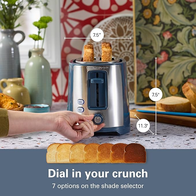 Hamilton Beach Extra-Wide Slot 2 Slice Toaster With Bagel & Defrost Buttons | Browning Control With 7 Shades | Auto Shutoff | Toast Boost | Slide-Out Crumb Tray | Kitchen Makeover Blue | 22634