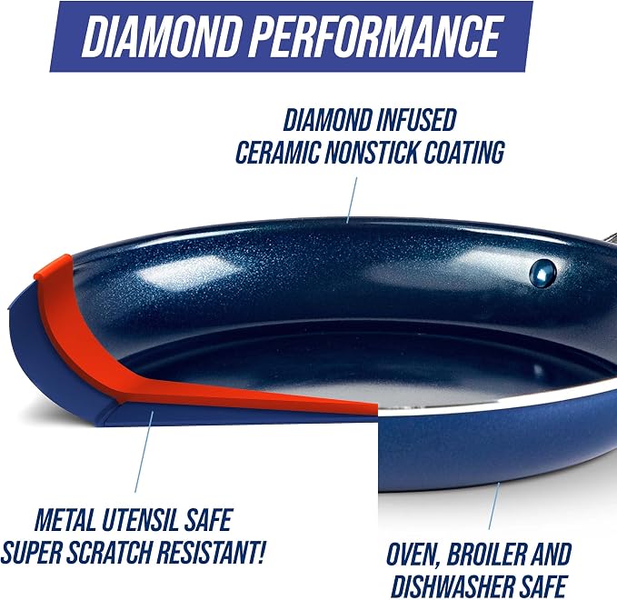 Blue Diamond 8QT Diamond Infused Ceramic Nonstick Stockpot with Lid, Blue | PFAS-Free Ceramic Nonstick Multipurpose Pot, Dishwasher & Oven Safe, Durable Metal Utensil Safe, Soups, Glass Lid