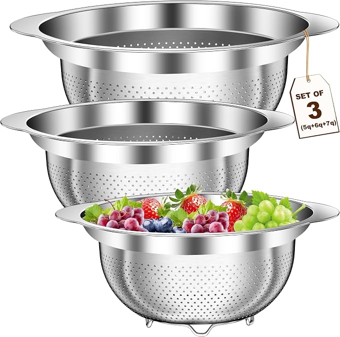 Large Strainers and Colanders, Big Stainless Steel Colanders for Kitchen, Stainless Steel Strainer Set of 3 (7 QT, 6 QT, 5 QT) for Draing Pasta Spaghetti Fruit Vegetable