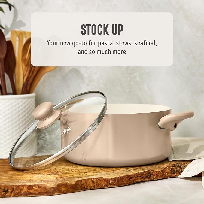 GreenLife 5QT Ceramic Nonstick Stockpot with Lid, Beige Taupe | PFAS-Free Nonstick Coating, Casserole Pot, Soup Pot, Pasta Pot, Induction Ready, All Stovetop Compatible, Dishwasher Safe