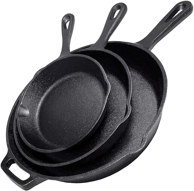 Cast Iron Skillet 3-Piece Set - 12", 10", 8" Heavy-Duty Professional Restaurant Chef Quality Pre-Seasoned Pan Cookware - For Frying, Saute, Cooking, Pizza - Black