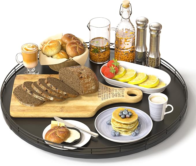 Oroyutor 16-Inch Oak Lazy Susan Organizer with Black Metal Rail | Rotating oak tray organizes spices, toiletries and decor on kitchen counters, bathroom vanities, dining and coffee tables.