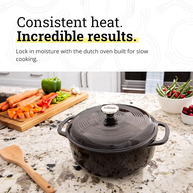 Lodge Essential Enamel Cast Iron Dutch Oven 6 Quarts - Perfect for Bread Baking, Braising, Marinating & Slow Cooking, Features Moisture-Sealing Lid & Dual Handles, Kitchen Essentials, Midnight Chrome