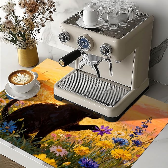 HOMETITUTE Spring Stove Top Covers for Electric Stove 28x20 Inches Black Cat Sunset Wildflower Heat Resistant Glass Cooktop Protector Pad Decorative Stovetop Cover Dish Drying Mats for Kitchen Decor