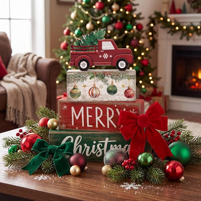Lineshading 4 Pcs Christmas Table Decor, Red Truck Tree Block Sign Home | Red Truck With Pine Tree, Christmas Centerpiece For Tiered Tray, Rustic Wood Stack Sign, Holiday Kitchen Shelf Home Decor