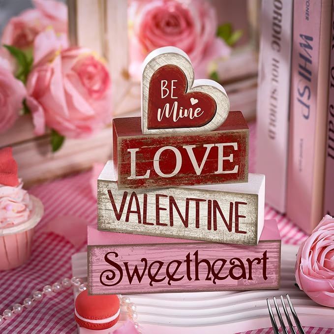 Lineshading 4 Pcs Wooden Valentine Block Signs Tiered Tray Decor