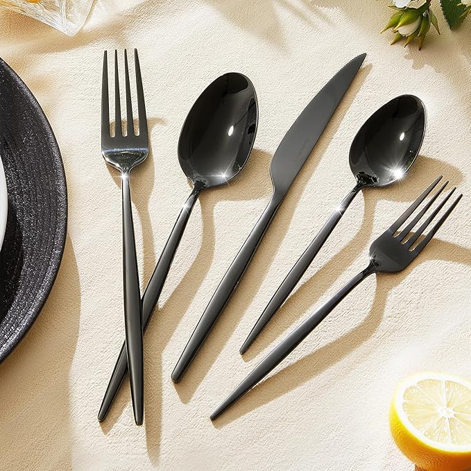 18/10 Silverware Set for 8, 40 Piece Black Stainless Steel Flatware Cutlery | KINGSTONE Mirror Polished Forks Knives Spoons Utensils, Tableware for Home Kitchen Restaurant Wedding, Dishwasher Safe