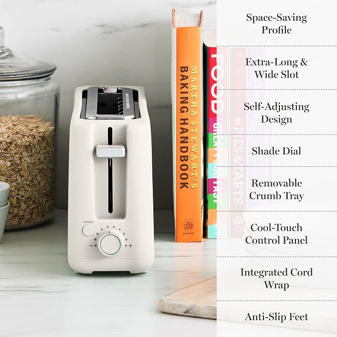 Martha Stewart 2 Slice Long Slot Toaster, Extra Wide, Linen Cream | 10 Shade Settings, 10” Wide Slot, Sourdough, Bagels, Artisan Bread & Waffles, Smart Centering, Removable Crumb Tray