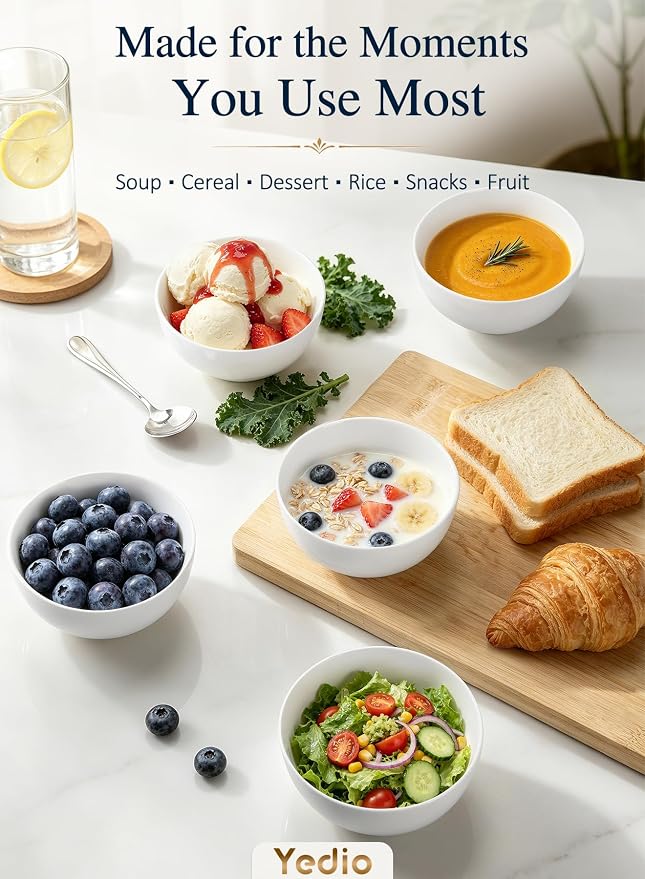 Small Bowls Set, White Ceramic Bowls of 6, 10 oz Porcelain Bowl for Kitchen Dessert Rice Side Dish Snack Soup Fruits Cereal Ice Cream, Microwave Dishwasher Freezer Oven Safe Easy Clean Stackable | Porcelain Bowls, Portion Control, for Soup Cereal Ice C...