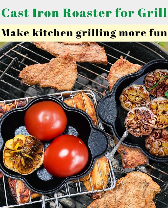 Pinra Pre-Seasoned Cast Iron Dutch Oven Pot, Potato Garlic Roaster Baker, Roasted Garlic Potatoes Cooker for Kitchen Oven or Outdoor BBQ Grill, Cast-Iron Ramekin Pot with Lid