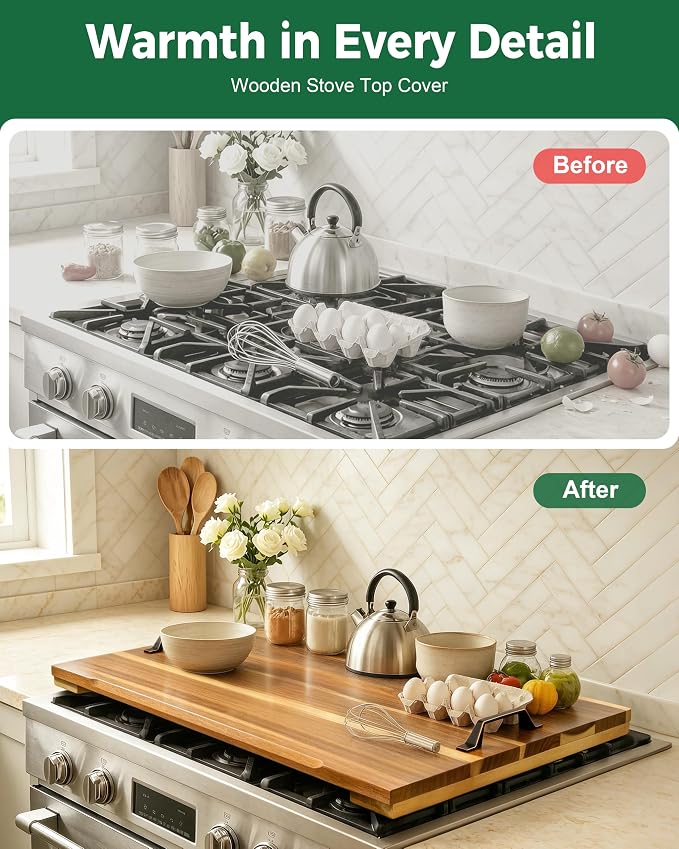 Gaialoop Noodle Board Stove Cover for Gas Stove with Handles, Acacia Wood | Acacia wood stovetop cover adds counter space, hides stains, elevates your kitchen and protects most 30" gas stoves
