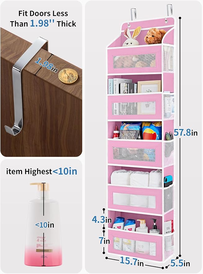 JARLINK Over the Door Organizer for Pantry, Bathroom, 5 Shelf Pink, 2 Pack | Anti-Tilt Design, 44 lb Load Capacity, Hanging Door Organizer with 5 Large Capacity Pockets, Behind Door Storage for Nursery
