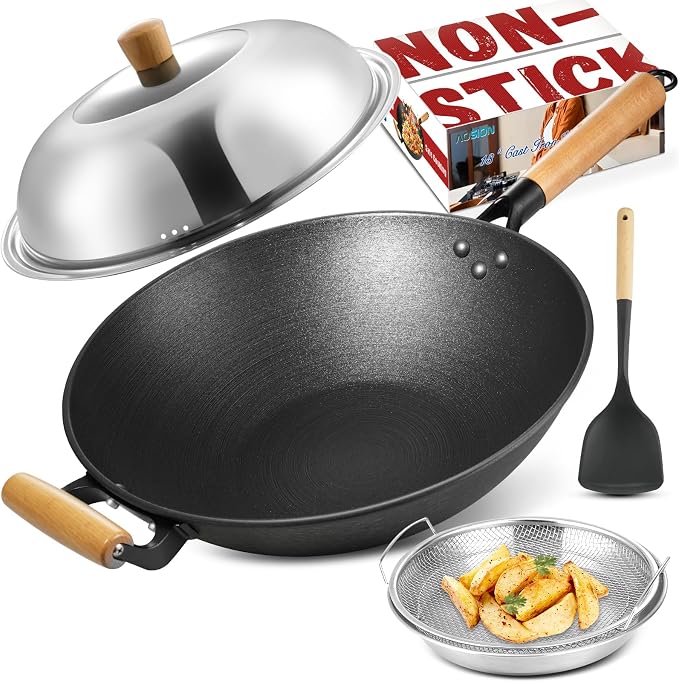 AOSION 13'' Nonstick Wok, Cast Iron Wok with Lid, Wok Pan & Stir-Fry Pans | Chinese Woks Pan With Lid