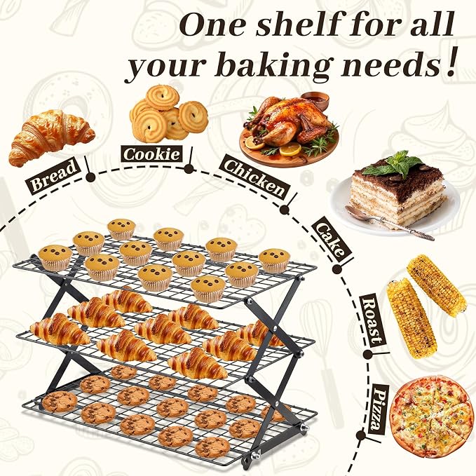 Pleafind 3 Tier Collapsible Cooling Rack - 3 Setting Design, Adjustable ＆ Stackable Baking Rack, 5 Modes Cooling Racks for Cooking and Baking, Roasting ＆ Grilling Gifts for Picnic Party